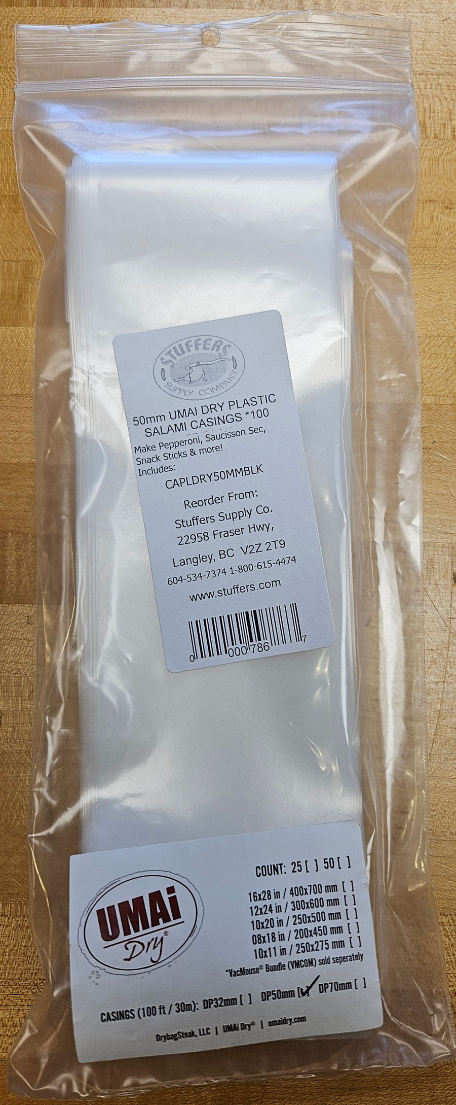 50mm UMAI DRY PLASTIC SALAMI CASINGS 30M/100 FT/PACK-CAPLDRY50MM